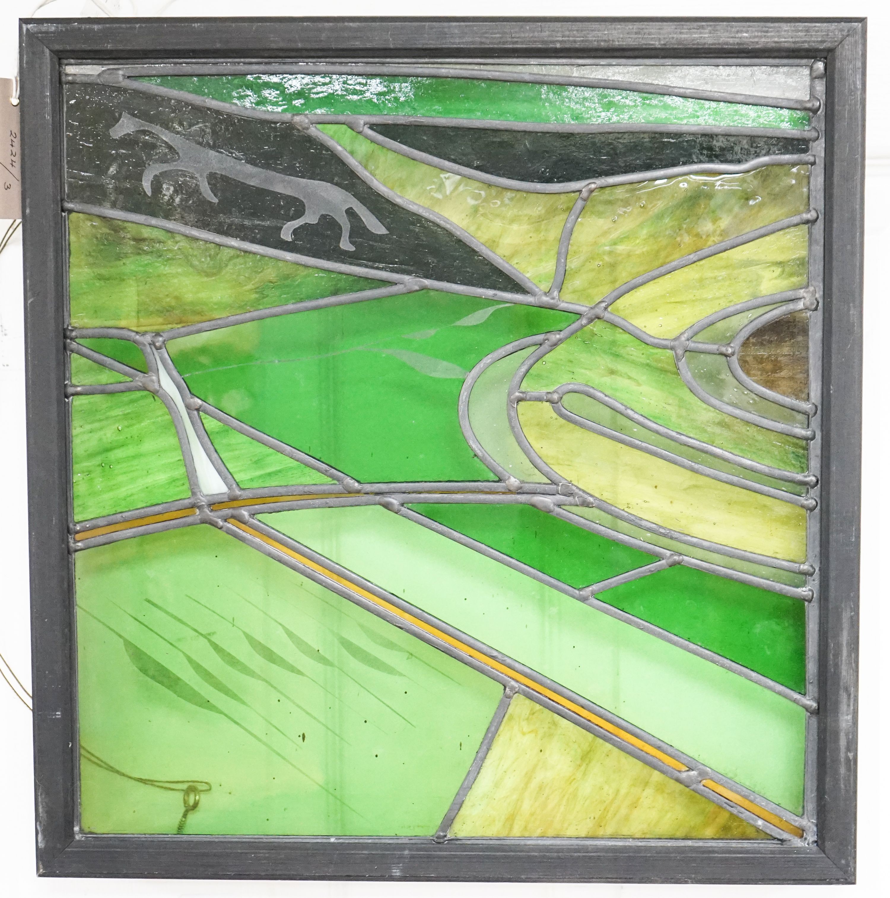 A Stained glass framed panel, 'High and Over', near Alfriston, Sussex 39x37cm excl frame